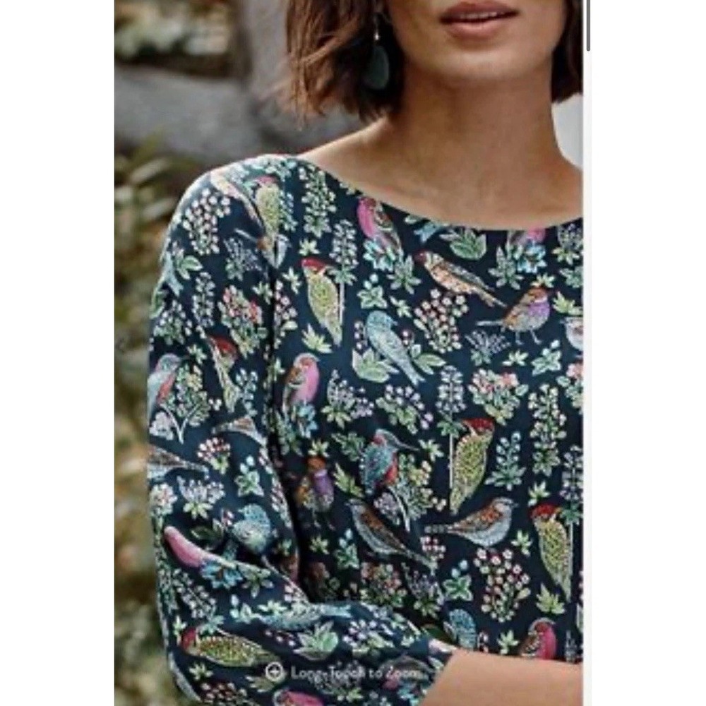 J. Jill Bird Print Boat Neck Top Sz 2X Lightweight Relaxed Artsy Colorful Flowy